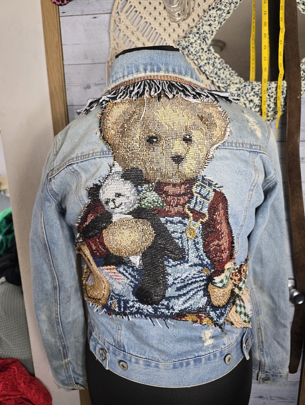 Denim Jean Jacket with Teddy Bear Tapestry Back Fringe Boho Western Chic Hippie